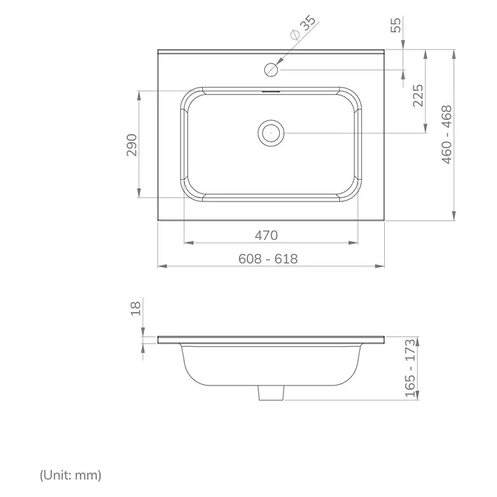 Lavabo empotrado Nairobi - 61 x 46 cm, Orificios para grifo: Medio, Sin desbordamiento, Blanco, Brillante - Dibujo técnico acotado de un lavabo rectangular, mostrando vistas superior y lateral con medidas.