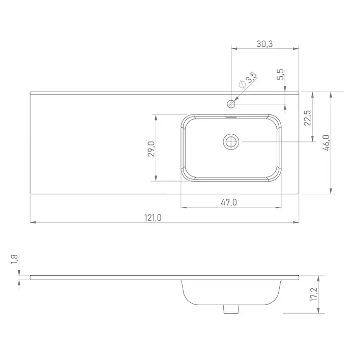 Lavabo Luz Derecha - 120 x 46 cm, Con desbordamiento, Blanco - Dibujo técnico de un fregadero rectangular integrado con encimera, con vistas superior y lateral y dimensiones.