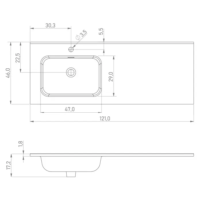 Lavabo Luz Izquierda - 120 x 46 cm, Con desbordamiento, Blanco - Dibujo técnico de un lavabo rectangular con encimera integrada, mostrando vistas superior y lateral y dimensiones.
