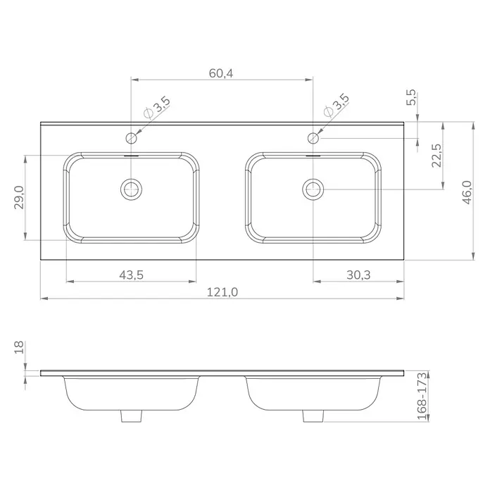 Lavabo empotrado Nairobi - 121 x 46 cm, Orificios para grifo: Medio, Sin desbordamiento, Blanco, Brillante - Dibujo técnico de un lavabo doble con dos senos y orificios para grifo, con dimensiones detalladas.