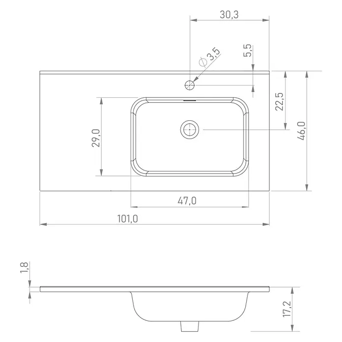 Lavabo Luz Derecha - 100 x 46 cm, Con desbordamiento, Blanco - Dibujo técnico de un lavabo rectangular blanco con encimera integrada, mostrando vistas superior y lateral con dimensiones.