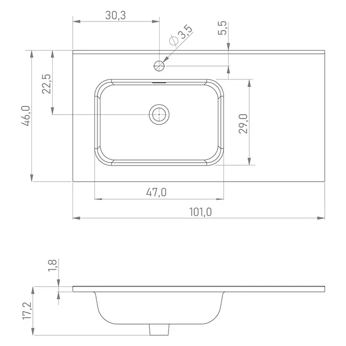 Lavabo Luz Izquierda - 100 x 46 cm, Con desbordamiento, Blanco - Dibujo técnico de un lavabo rectangular con encimera integrada, vistas superior y lateral con dimensiones.