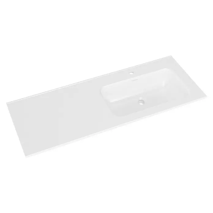 Lavabo Luz Derecha - 120 x 46 cm, Con desbordamiento, Blanco - Lavabo de baño rectangular blanco con encimera y cubeta integradas.