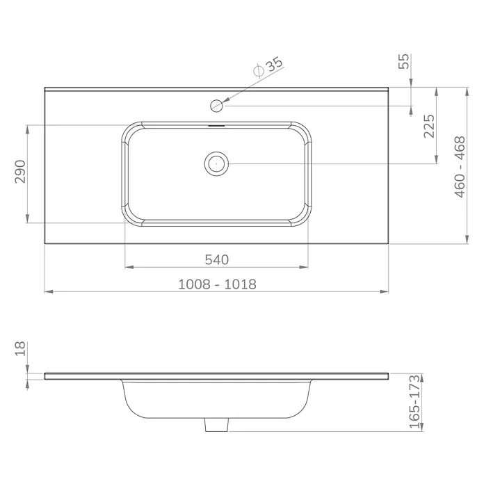 Lavabo empotrado Nairobi - 101 x 46 cm, Orificios para grifo: Medio, Sin desbordamiento, Blanco, Brillante - Dibujo técnico de una encimera de baño con lavabo rectangular integrado, vistas superior y lateral con dimensiones.