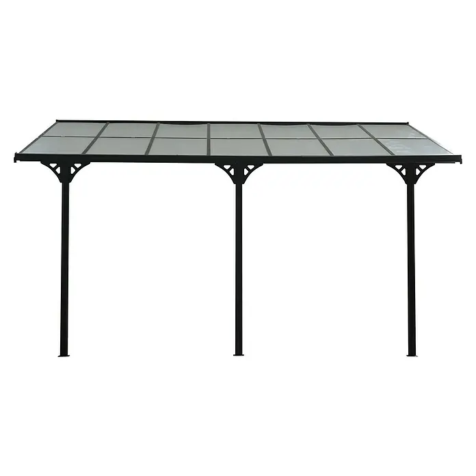 Westmann Terrassenüberdachung Bruce - L x B x H: 300 x 435 x 270 cm, Schwarz - Schwarzmetall-Pergola- oder Vordachrahmen mit drei Stützpfosten und lichtdurchlässigen Dachplatten.