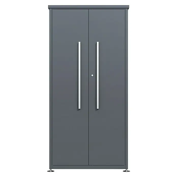 Westmann Gartenschrank - 65 x 90 x 187 cm, Anthrazit - Grauer Doppeltür-Metallschrank mit langen silbernen Griffen und verstellbaren Füßen.