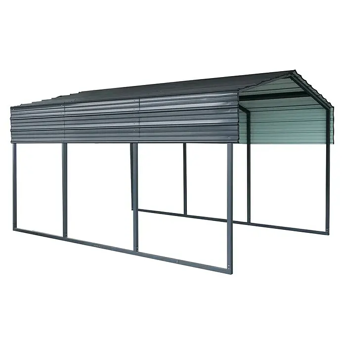 Westmann Carport Carport Kopenhagen S - Außenmaß inkl. Dachüberstand (B x T): 4,51 x 3,05 m, Einzelcarport, Grau - Grauer Metallcarport mit Wellblechdach und teilweisen Seitenwänden.