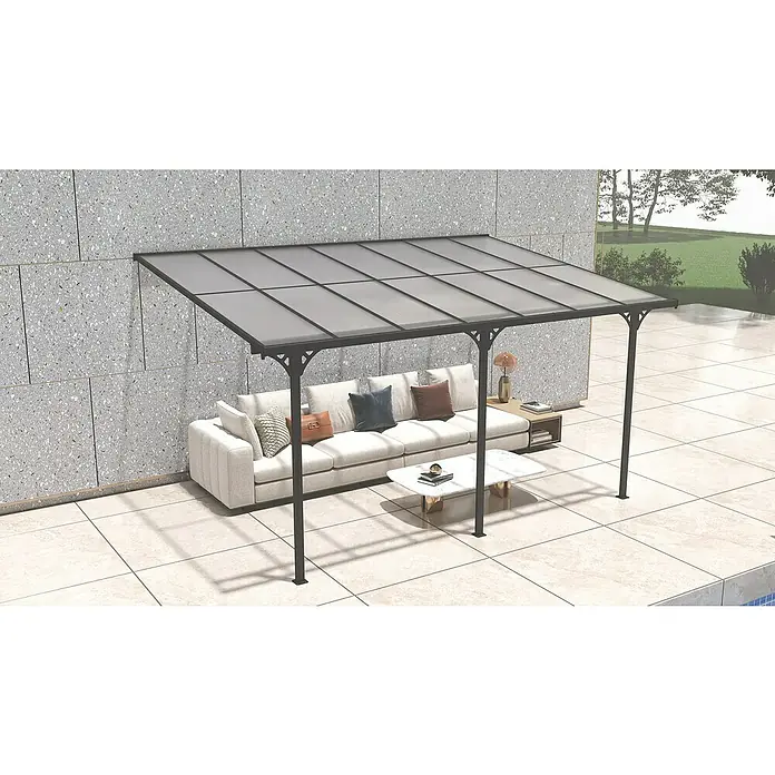 Westmann Terrassenüberdachung Bruce - L x B x H: 300 x 435 x 270 cm, Schwarz - Dunkles Metall-Terrassendach mit lichtdurchlässigen Paneelen, für Outdoor-Sofa und Couchtisch auf Terrasse.