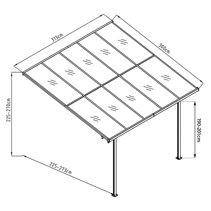 Westmann Terrassenüberdachung Bruce - Metall, Weiß, L x B x H: 300 x 313 x 270 mm - Abgeschrägtes Terrassendach mit Metallrahmen, lichtdurchlässigem Dach und zwei Stützpfosten.