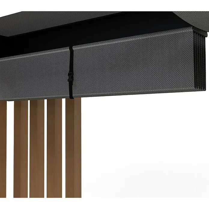 Sojag Pergola Lito 1012 - Schwarz, Grau, Metall, L x B x H: 378,5 x 302,3 x 234,5 cm - Dunkelgrauer, texturierter Faltbildschirm mit Akkordeonfalten, mit Gurt befestigt, unter dunkler Struktur über Holzlamellen montiert.
