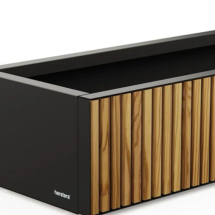Herstera Garden Pflanzkasten Deco Planter - Außenmaß (L x B x H): 150 x 40 x 25 cm, Holz, Braun/Schwarz - Moderner, schwarzer rechteckiger Pflanzkasten mit einer Front aus Holzlamellen in Naturholzoptik.