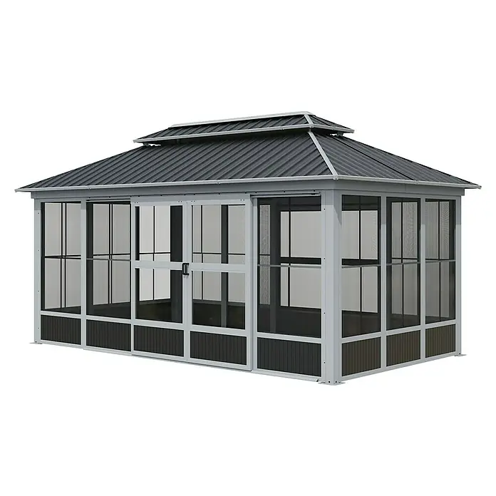 Sojag Standard-Pavillon Olan 1017 - Grau, Schwarz, Metall, L x B x H: 310 x 529,5 x 291 cm - Rechteckiger Gartenpavillon mit grauem Metalldach, weißem Rahmen, dunklen unteren Paneelen und Glas-/Gitterfenstern.