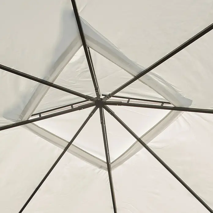 Sojag Standard-Pavillon Malta 1014 - L x B: 305 x 430 cm - Innenansicht eines weißen Zelt- oder Pavillondachs mit dunklem Metallrahmen und gespanntem Stoff.