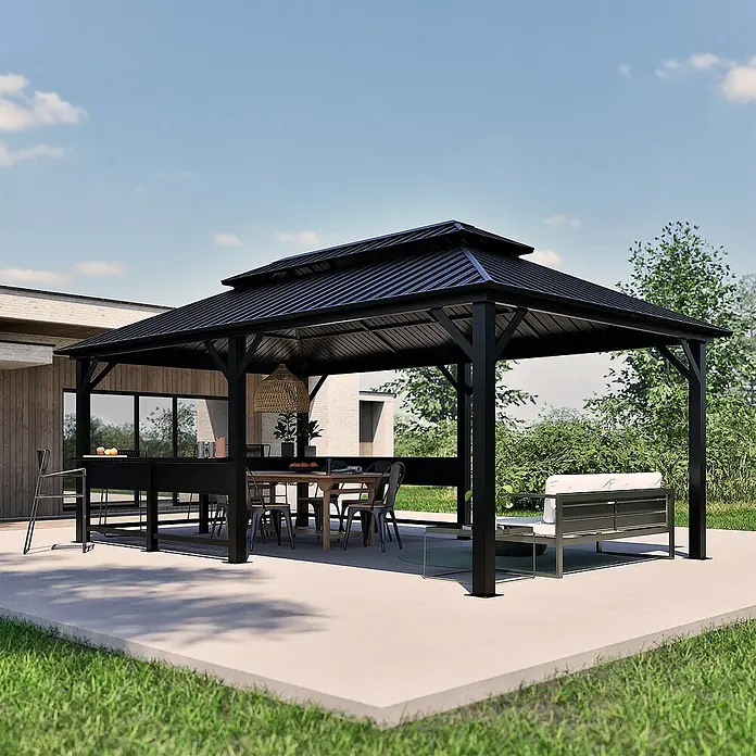 Sojag Standard-Pavillon Bondi 1220 - Schwarz, Metall, L x B x H: 598,7 x 363,8 x 307 cm - Schwarzer Metallpavillon für Ess- und Loungebereich im Freien auf einer Terrasse.