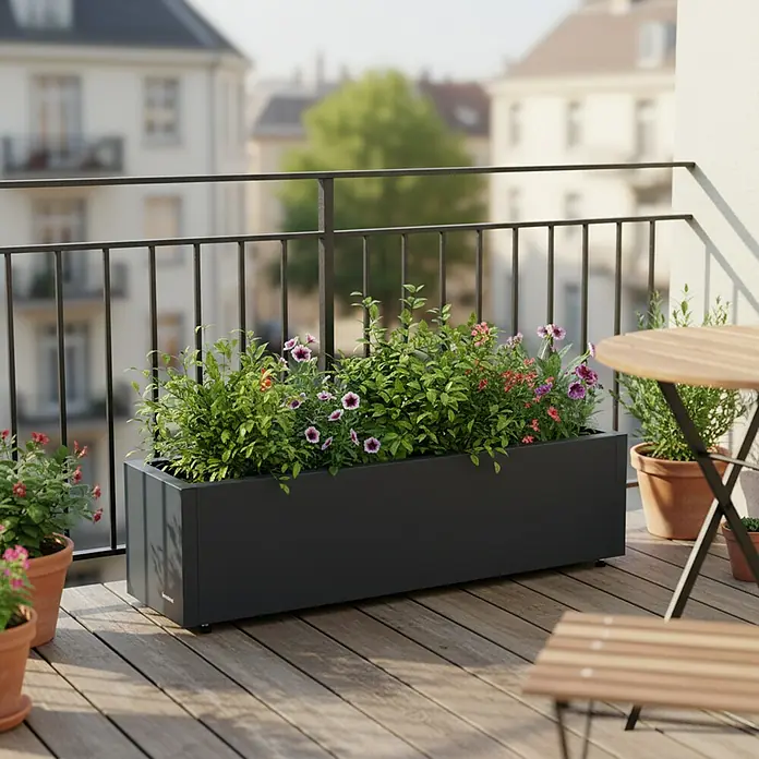 Herstera Garden Pflanzkasten Cube - Außenmaß (L x B x H): 100 x 25 x 25 cm, Metall, Anthrazit - Dunkelgrauer, rechteckiger Pflanzkasten auf Holzbalkonboden, gefüllt mit grünen Pflanzen und bunten Blumen für einen Stadtgarten.