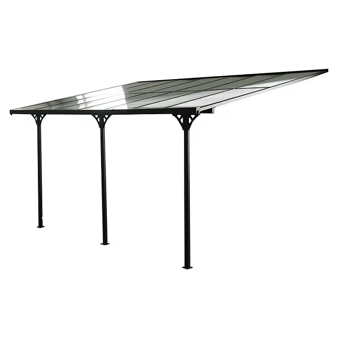 Westmann Terrassenüberdachung Bruce - L x B x H: 300 x 435 x 270 cm, Schwarz - Schwarzer Metall-Carport mit transparentem, schrägem Polycarbonatdach, getragen von drei dekorativen Pfosten.