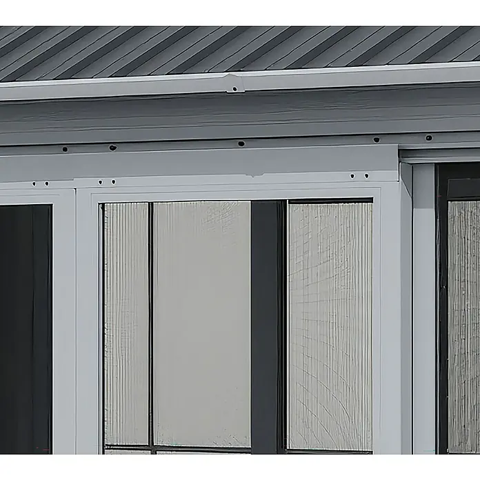 Sojag Standard-Pavillon Olan 1017 - Grau, Schwarz, Metall, L x B x H: 310 x 529,5 x 291 cm - Graues Metallschuppendach und weiß gerahmte Fenster mit Strukturscheiben.