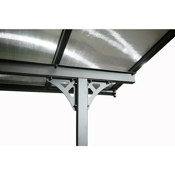 Westmann Terrassenüberdachung Bruce 617 - L x B x H: 300 x 617 x 270 cm, Schwarz - Dunkelgrauer Metallrahmen stützt ein durchscheinendes Polycarbonat-Wellplattendach, Teil eines Vordachs.