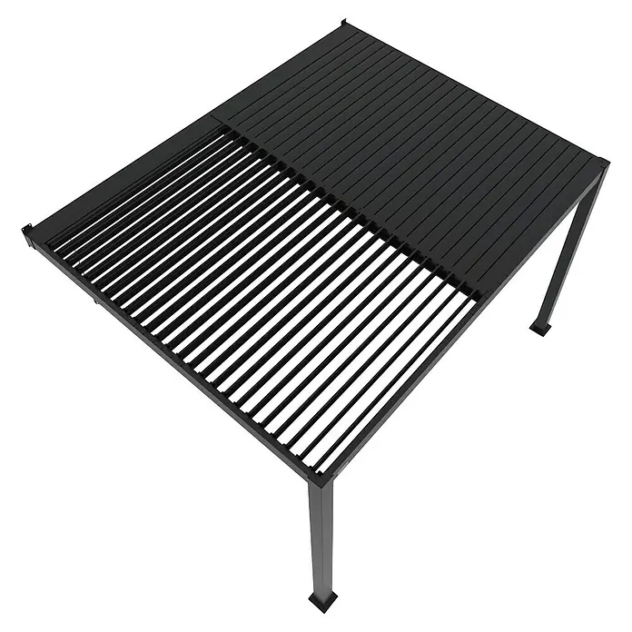 Sojag Terrassenüberdachung Hana - Metall, Schwarz, L x B x H: 305,3 x 399,4 x 270,1 cm - Schwarze Metall-Pergola mit verstellbarem Lamellendach, teilweise geöffnet.