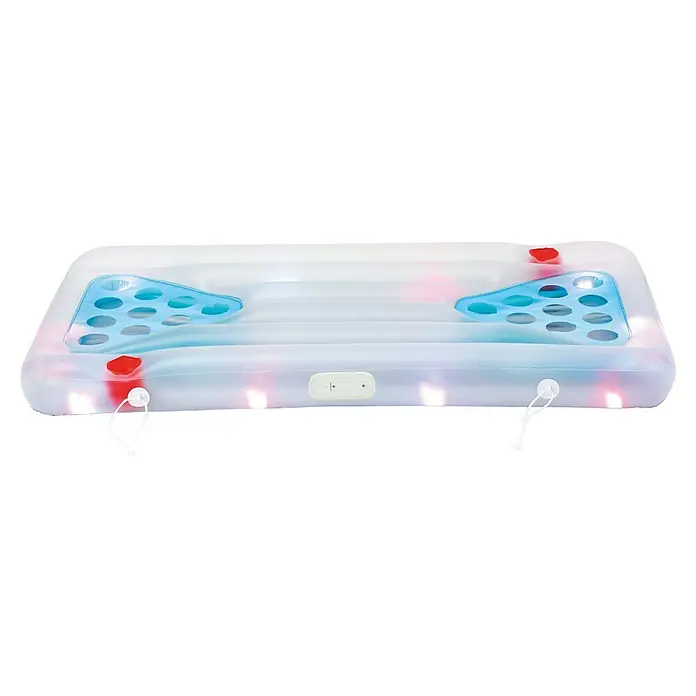 Luftmatratze Aqua Glow Bierpong - L x B x H: 160 x 84 x 19 cm, Polyester - Durchsichtiger weißer aufblasbarer Poolschwimmer mit blauen Becherhaltern und roten Akzenten, als Getränkekühler und Spieltisch.
