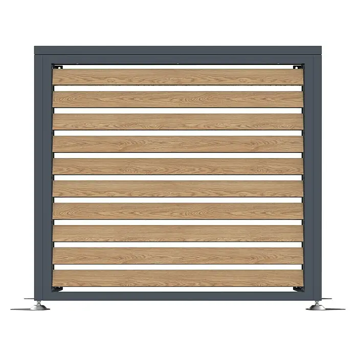 Westmann Verkleidung Boxa S - Ausführungseigenschaft: L 100 x B 56 x H 97 cm, Anthrazit mit Holzoptik - Dunkelgraues Metallzaunfeld mit hellen Holzlamellen und verstellbaren Füßen.
