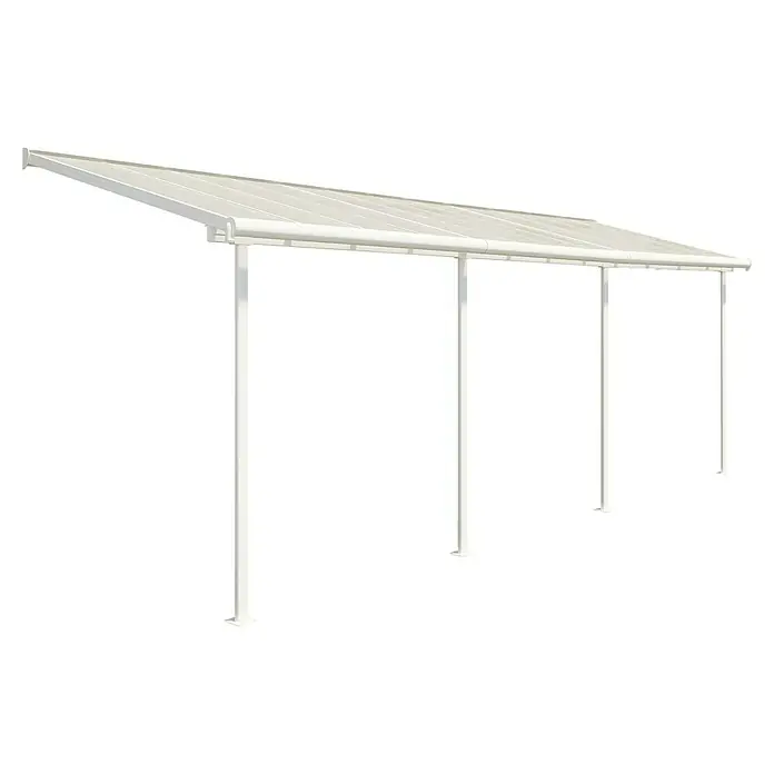 Palram – Canopia Terrassenüberdachung - B x T: 670,5 x 228 cm - Weiße Terrassenüberdachung mit durchscheinendem Dach, gestützt von schlanken Pfosten.
