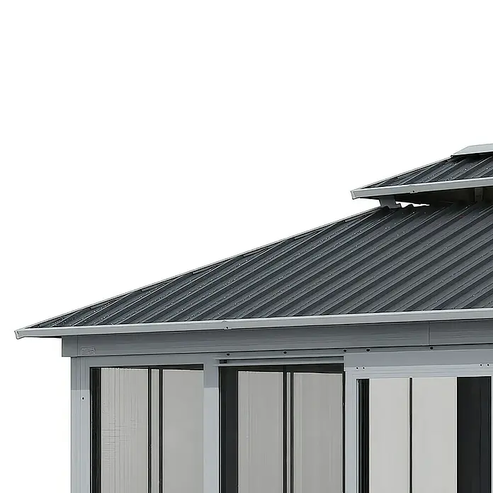 Sojag Standard-Pavillon Olan 1017 - Grau, Schwarz, Metall, L x B x H: 310 x 529,5 x 291 cm - Nahaufnahme eines dunkelgrauen Metall-Pavillondachs und hellgrauen Rahmens mit lichtdurchlässigen Platten.