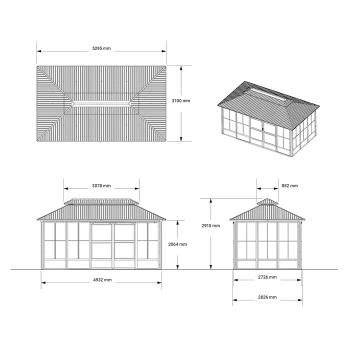 Sojag Standard-Pavillon Olan 1017 - Grau, Schwarz, Metall, L x B x H: 310 x 529,5 x 291 cm - Detaillierte technische Zeichnung eines rechteckigen Pavillons, mit Draufsicht, Vorder- und Seitenansicht inklusive Maßen.