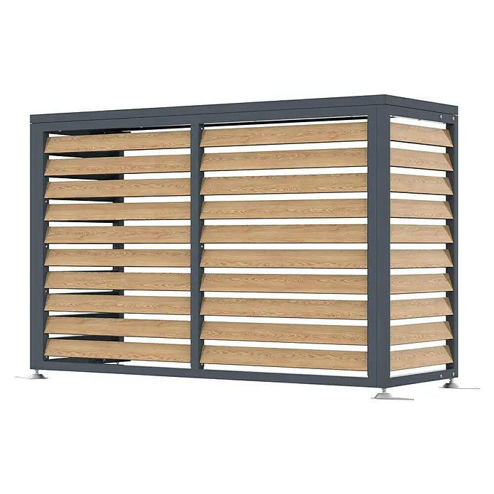 Westmann Verkleidung Boxa M - Ausführungseigenschaft: L 140 x B 56 x H 97 cm, Anthrazit mit Holzoptik - Outdoor Lamellenwand mit dunkelgrauem Metallrahmen und hellen Holzlamellen auf verstellbaren Füßen.