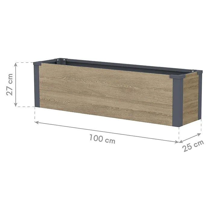 Westmann Pflanzkasten Talus M - Außenmaß (L x B x H): 100 x 25 x 27 cm, Metall, Braun - Rechteckiger Pflanzkasten mit hellen Holzmaserungsplatten und dunkelgrauem Rahmen. Maße: 100 cm L x 27 cm H x 25 cm B.