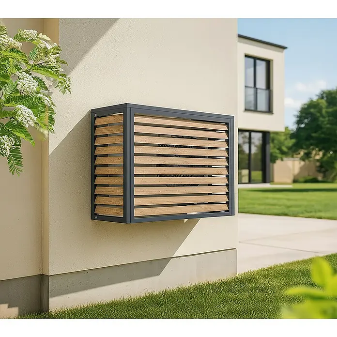 Westmann Verkleidung Boxa S - Ausführungseigenschaft: L 100 x B 56 x H 97 cm, Anthrazit mit Holzoptik - Außengeräteverkleidung mit grauem Metallrahmen und horizontalen Holzlamellen an einer Hauswand.