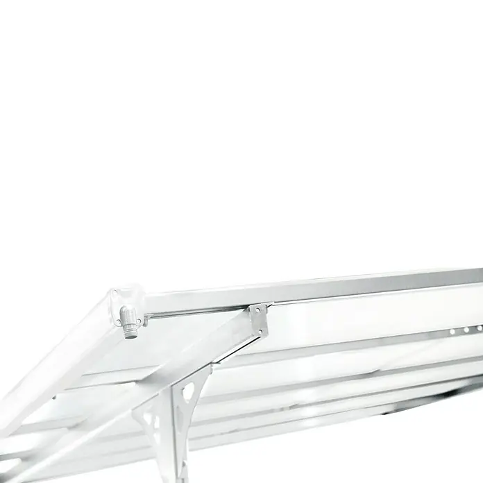 Westmann Terrassenüberdachung Bruce 617 - L x B x H: 300 x 617 x 270 cm, Weiß - Unterseite eines silbernen Metallvordachrahmens mit Stützstreben und Ablaufstutzen.