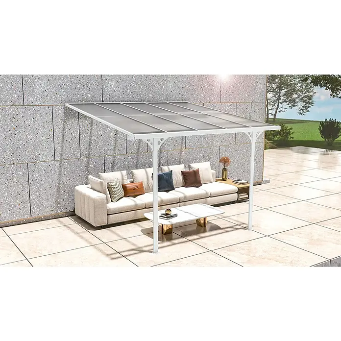Westmann Terrassenüberdachung Bruce - Metall, Weiß, L x B x H: 300 x 313 x 270 mm - Weiße Outdoor-Pergola mit durchsichtigem Dach, die ein Sofa auf einer Terrasse schützt.