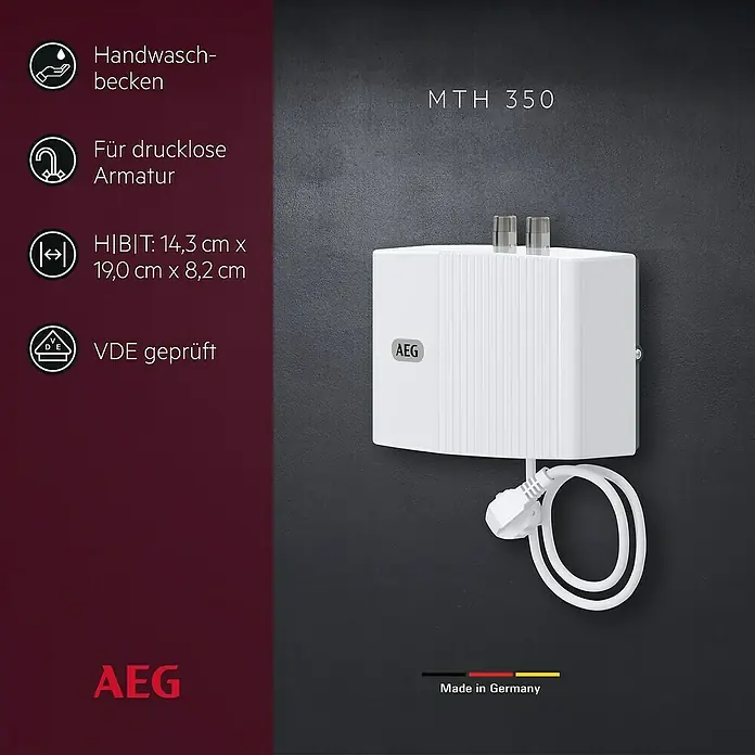 AEG Kleindurchlauferhitzer MTH 350 - 3,5 kW, Hydraulisch, Offen - Weißer AEG Durchlauferhitzer MTH 350 für Handwaschbecken und drucklose Armaturen, VDE geprüft.