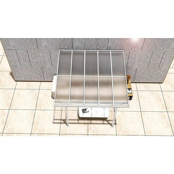 Westmann Terrassenüberdachung Bruce - Metall, Weiß, L x B x H: 300 x 313 x 270 mm - Weiß gerahmtes Vordach mit transluzenten Stegplatten über einer Outdoor-Sitzgruppe.