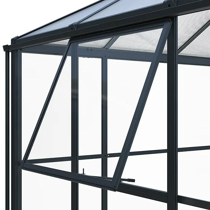 Westmann Gewächshaus Suprema XL - Außenbreite inkl. Dachüberstand: 421 cm, Schwarz - Dunkelgraues Gewächshaus mit geöffnetem Lüftungsfenster und klaren Paneelen zur Belüftung.