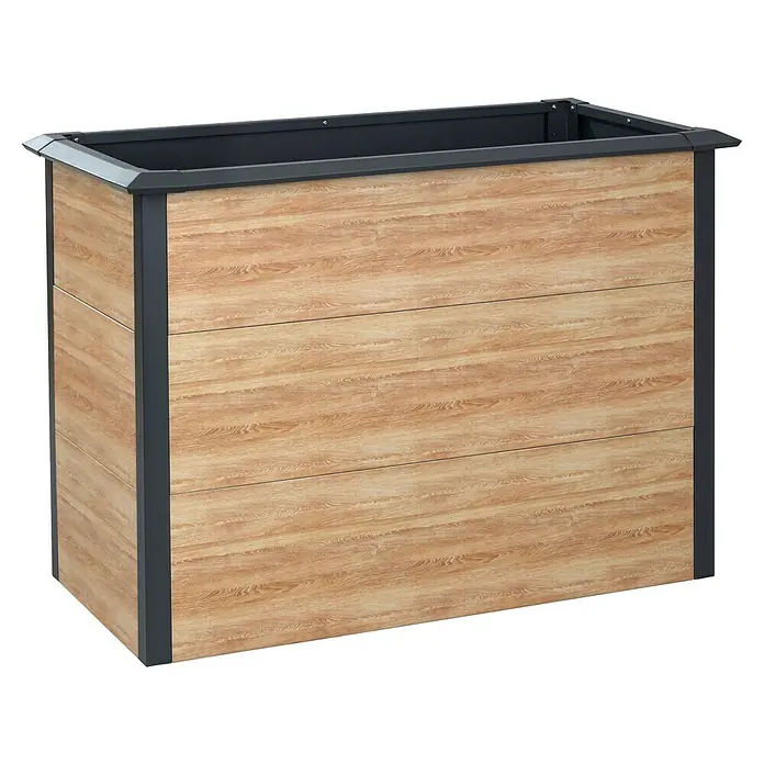 Westmann Hochbeet Primus Multi Plus M mit Frühbeetaufsatz - 50 x 100 x 113 cm, Metall, Braun/Anthrazit - Rechteckiger Pflanzkasten mit Holzoptik-Paneelen und dunkelgrauem Metallrahmen.