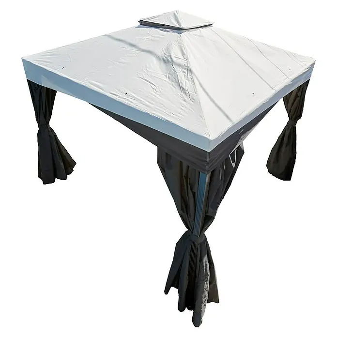 Sojag Standard-Pavillon Malta 1010 - L x B: 305 x 305 cm - Weiß-dunkelgrauer Pavillon mit zurückgebundenen Sichtschutzvorhängen.