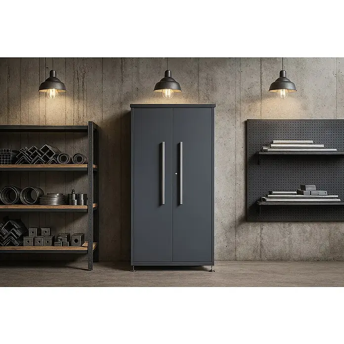 Westmann Gartenschrank - 65 x 90 x 187 cm, Anthrazit - Dunkelgrauer Lagerschrank mit silbernen Griffen, ideal zur Aufbewahrung von Werkzeugen und Material.
