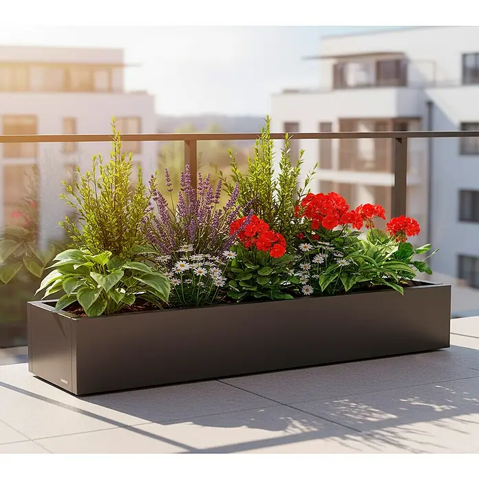 Herstera Garden Pflanzkasten Cube - Außenmaß (L x B x H): 150 x 40 x 25 cm, Metall, Anthrazit - Dunkelgrauer rechteckiger Blumenkasten mit bunten Blumen und Grünpflanzen auf einem modernen Balkon.