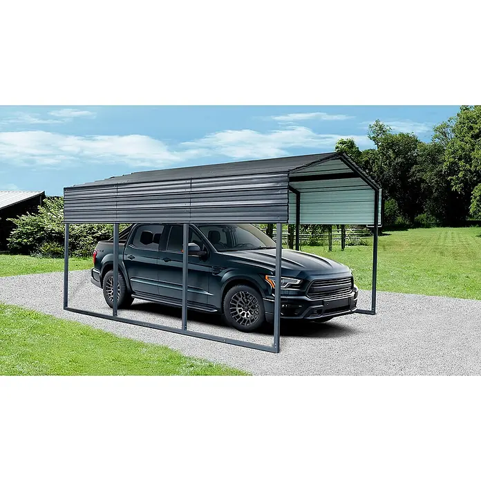 Westmann Carport Carport Kopenhagen S - Außenmaß inkl. Dachüberstand (B x T): 4,51 x 3,05 m, Einzelcarport, Grau - Dunkelgrauer Metall-Carport schützt einen Pickup auf einer Schotterauffahrt im Freien.