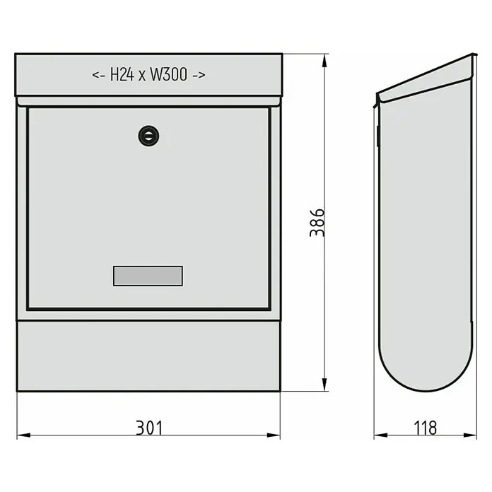Basi Wandbriefkasten BK 300 M - L x B x H: 11,8 x 30,1 x 38,6 cm, Anthrazit, Stahl, Zeitungsfach - Grauer Metallbriefkasten mit Vorder- und Seitenansicht, Maße: B 301mm, H 386mm, T 118mm. Mit Einwurfschlitz und Schloss.
