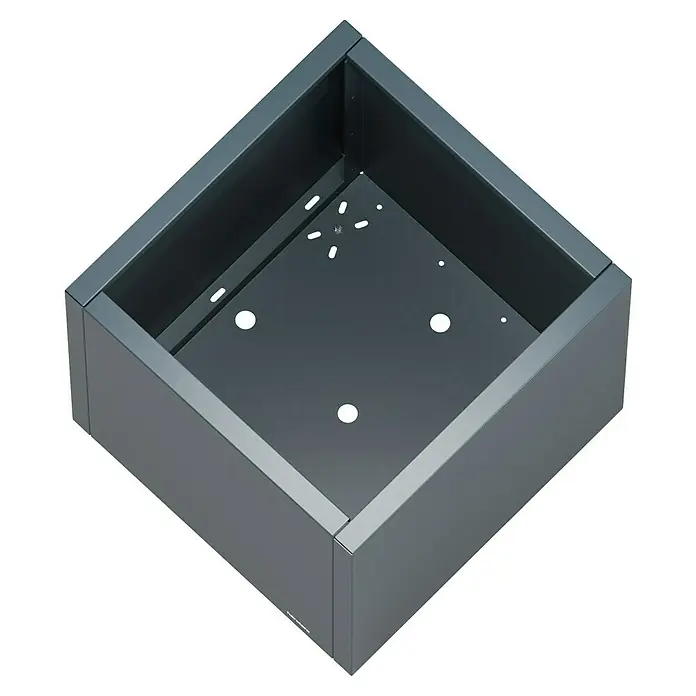 Herstera Garden Pflanzkasten Cube - Außenmaß (L x B x H): 60 x 60 x 60 cm, Metall, Anthrazit - Dunkelgraues Metallgehäuse mit offener Oberseite, internen Befestigungslöchern und einer Zentralschraube.