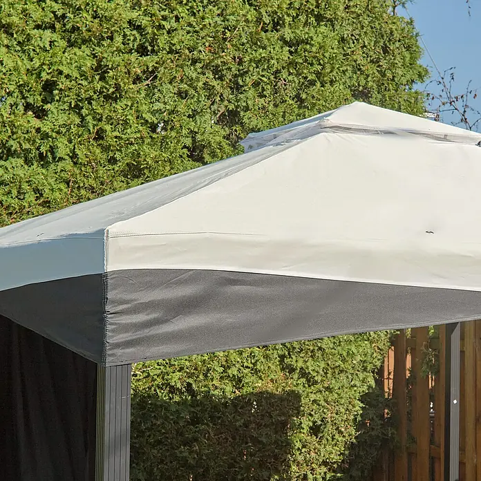 Sojag Standard-Pavillon Malta 1014 - L x B: 305 x 430 cm - Zweifarbige weiß-dunkelgraue Pavillondach, draußen.