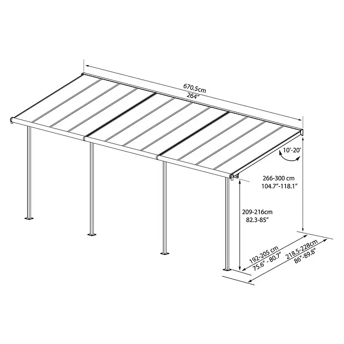 Palram – Canopia Terrassenüberdachung - B x T: 670,5 x 228 cm - Anbau-Carport/Terrassenüberdachung mit detaillierten Maßen und verstellbarer Dachneigung.
