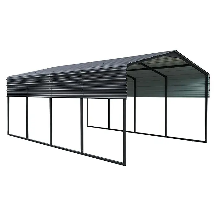 Westmann Carport Carport Kopenhagen M - Außenmaß inkl. Dachüberstand (B x T): 3,66 x 5,96 m, Einzelcarport, Grau - Dunkelgrauer Metall-Carport mit Wellblechdach und seitlichen Paneelen auf offenem Metallrahmen.