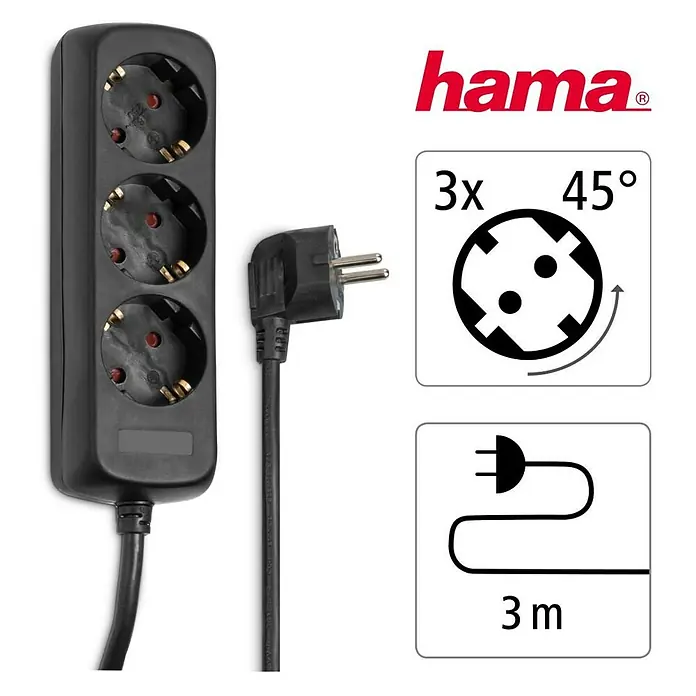 Hama Steckdosenleiste 108841 - Anzahl Steckdosen: 3 Stück, Kabellänge: 3 m, IP20, Schwarz, Erhöhter Berührungsschutz - Schwarze Hama Steckdosenleiste mit 3 Schuko-Steckdosen, um 45 Grad gedreht, und 3 Meter Kabel mit Winkelstecker.