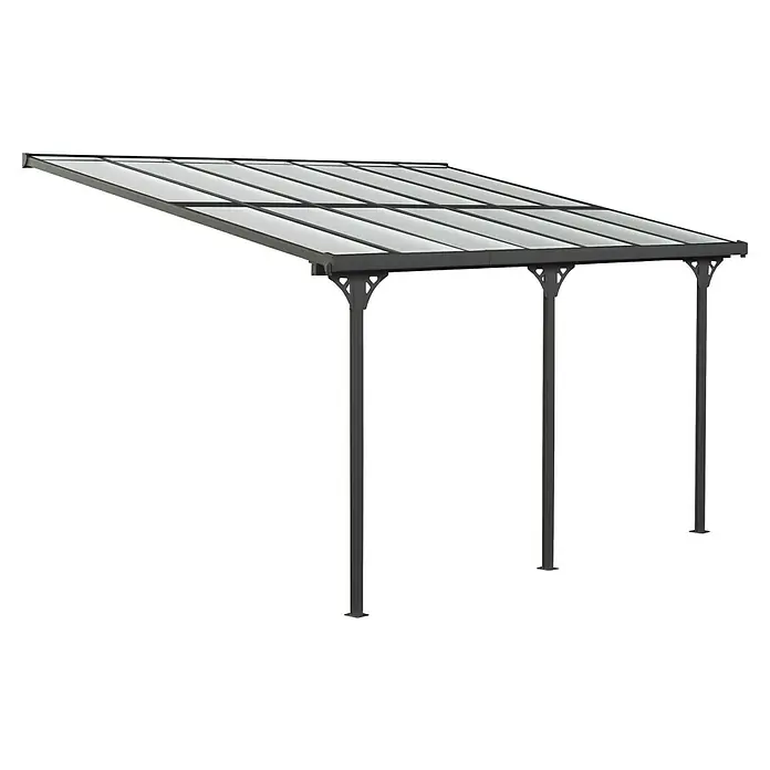 Westmann Terrassenüberdachung Bruce - L x B x H: 300 x 435 x 270 cm, Schwarz - Dunkelgraues Metallvordach mit transluzenten Dachplatten und drei Stützpfosten.