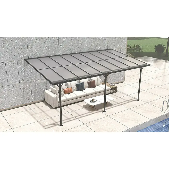 Westmann Terrassenüberdachung Bruce - L x B x H: 300 x 556 x 270 cm, Schwarz - Dunkel gerahmte Terrassenüberdachung mit lichtdurchlässigen Platten, die eine Außencouch am Pool schützt.