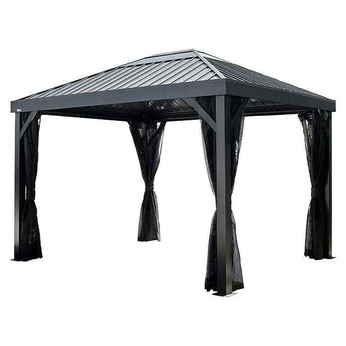 Sojag Standard-Pavillon Kiruna 1012 - Anthrazit, Metall, L x B x H: 299,3 x 364,3 x 297,6 cm - Schwarzer Pavillon mit Metalldach und zurückgebundenen schwarzen Netzvorhängen.